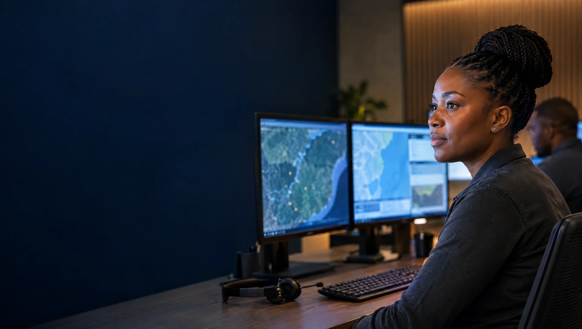 An operations supervisor reviewing location information in a control room.
