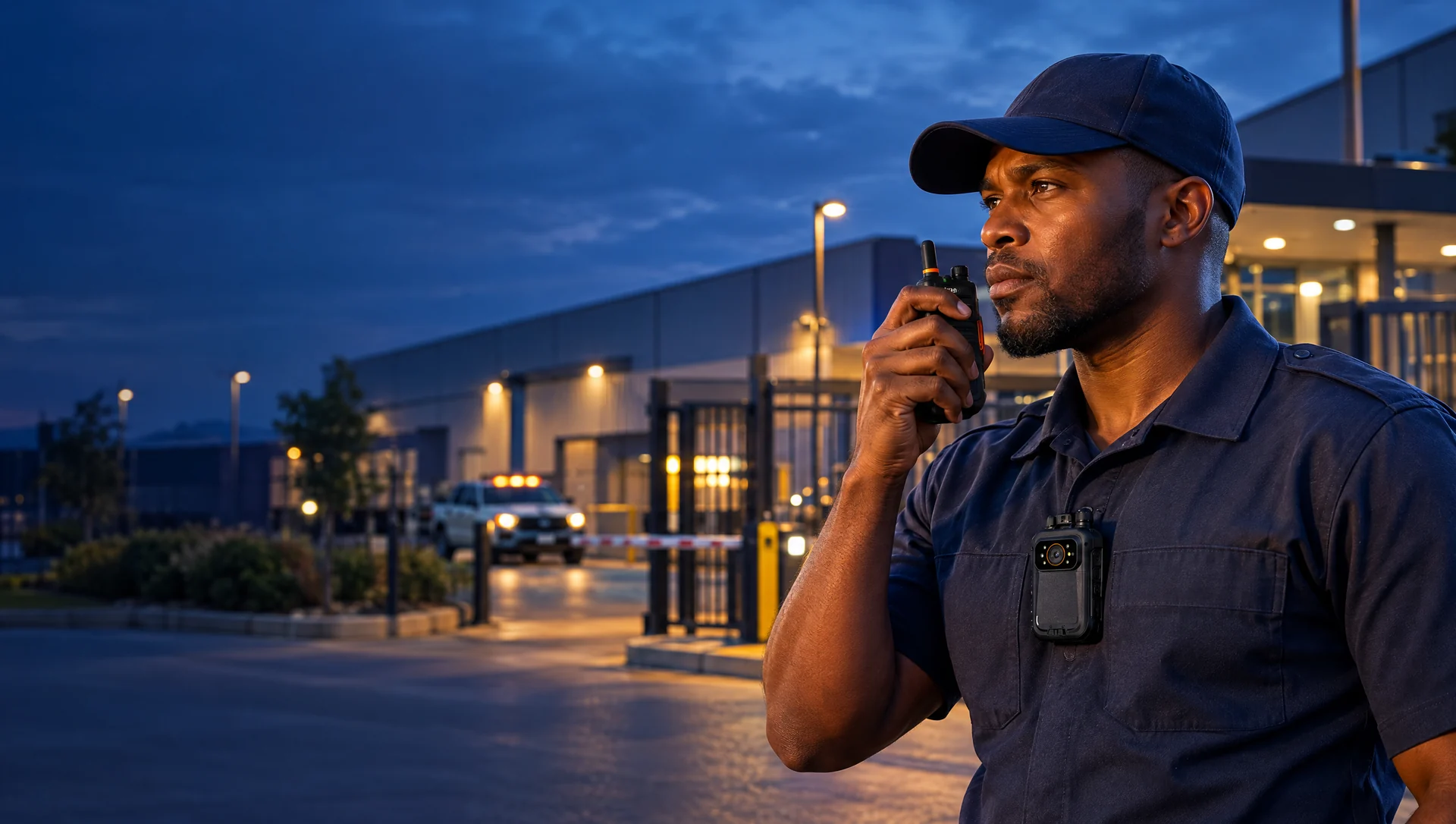 A security officer using a handheld radio and body camera at a distribution facility.