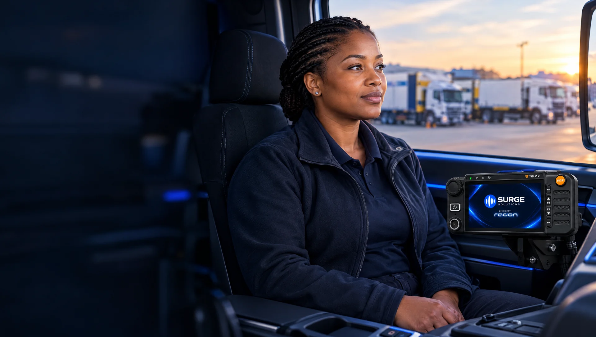 A fleet supervisor in a parked vehicle fitted with a Telox M6L communication terminal.