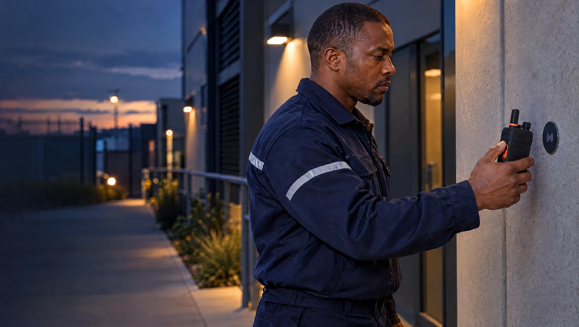 A security officer scanning a patrol checkpoint with a screenless handheld radio.